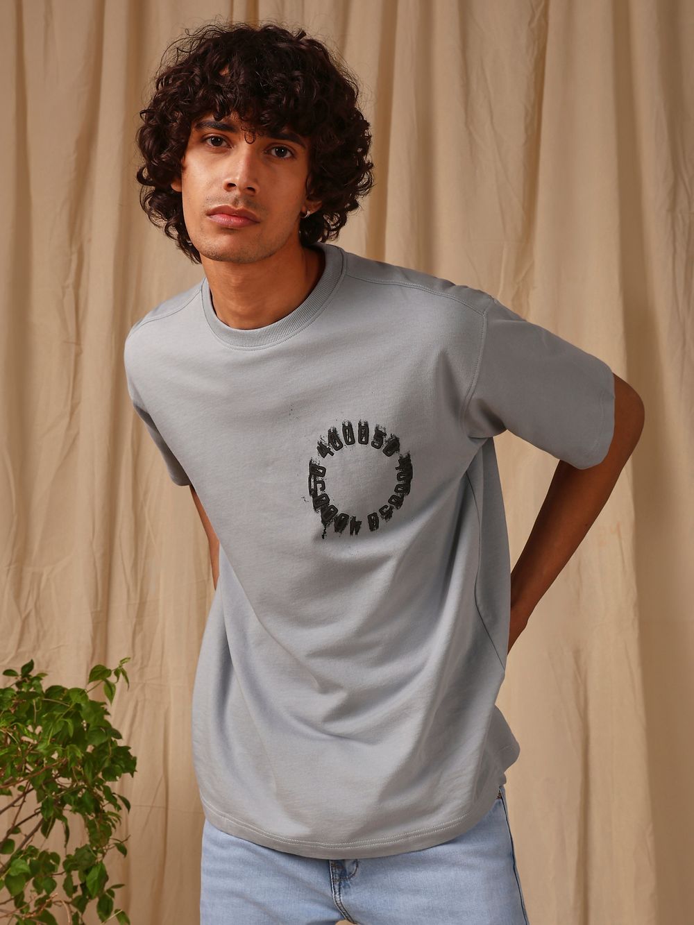 Grey Puff Print Oversized Loose Fit Tee
