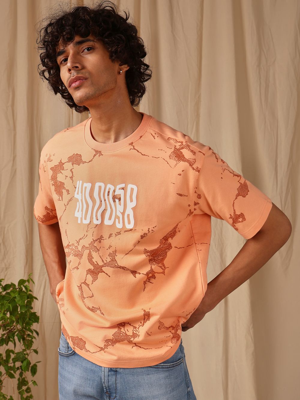 Peach Graphic Print Loose Fit T-Shirt
