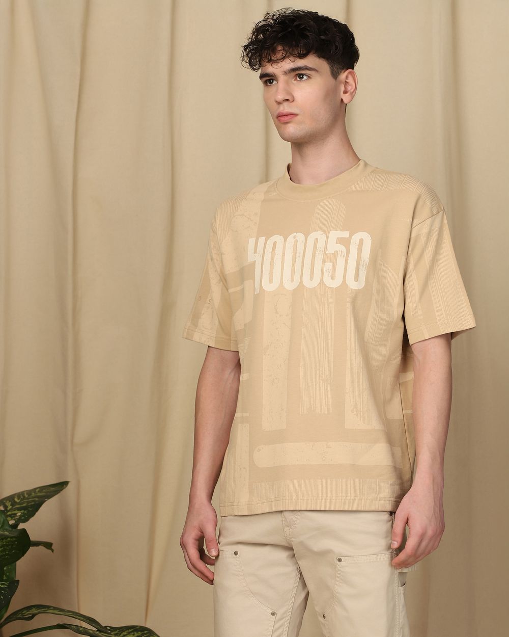 Beige Printed Oversized Tee