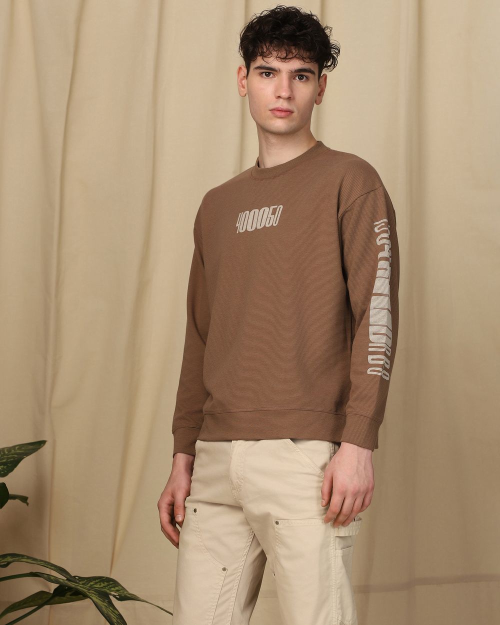 Brown Textured Plain Graphic Sweatshirt