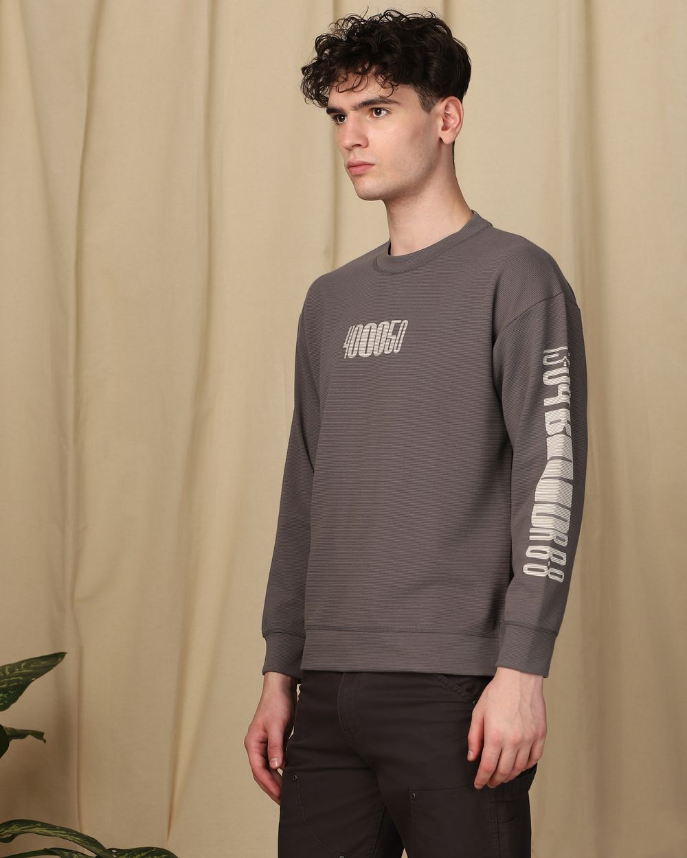 Grey Textured Plain Graphic Sweatshirt