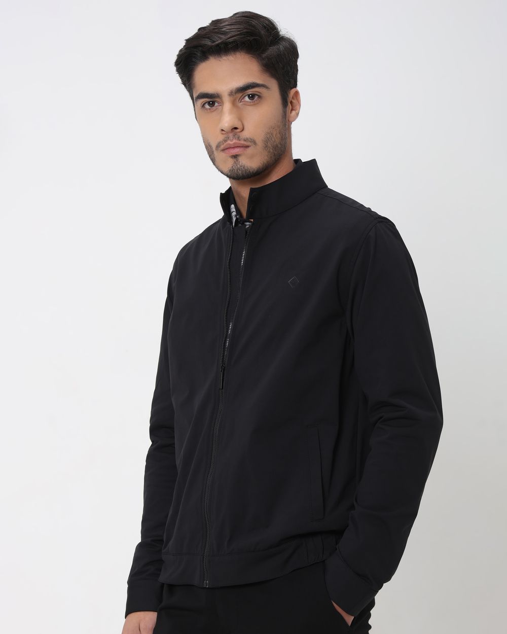 Black Band Collar Zip Thru Jacket