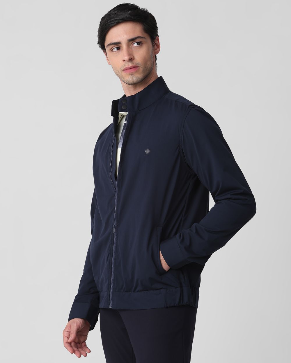 Navy Band Collar Zip Thru Slim Fit Jacket