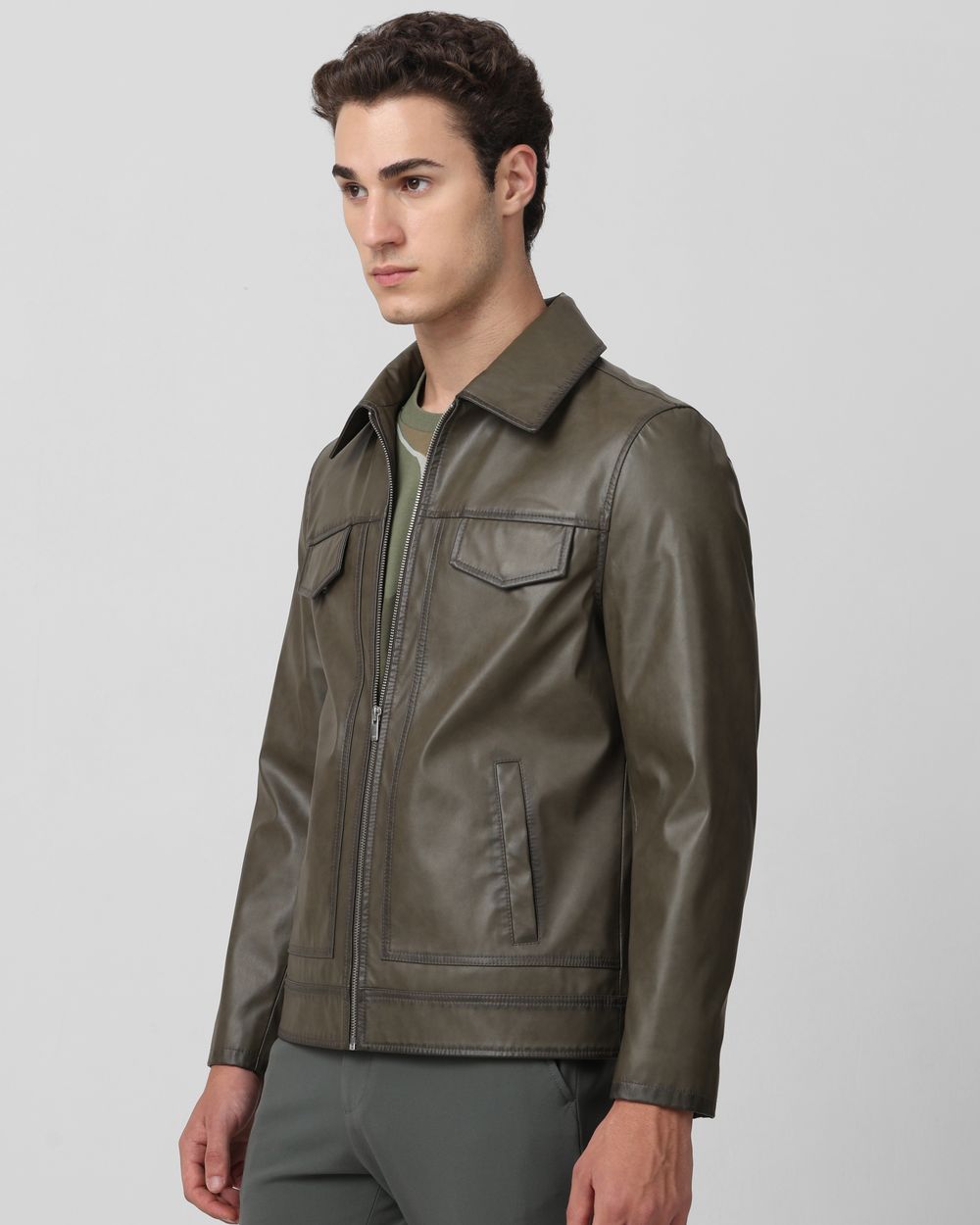 Olive Faux Leather Biker Slim Fit Jacket