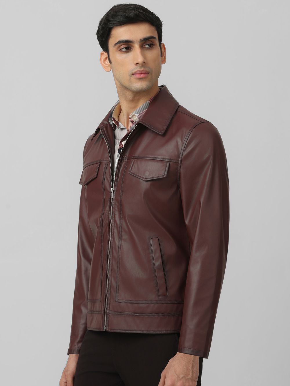 Maroon Faux Leather Biker Slim Fit Jacket