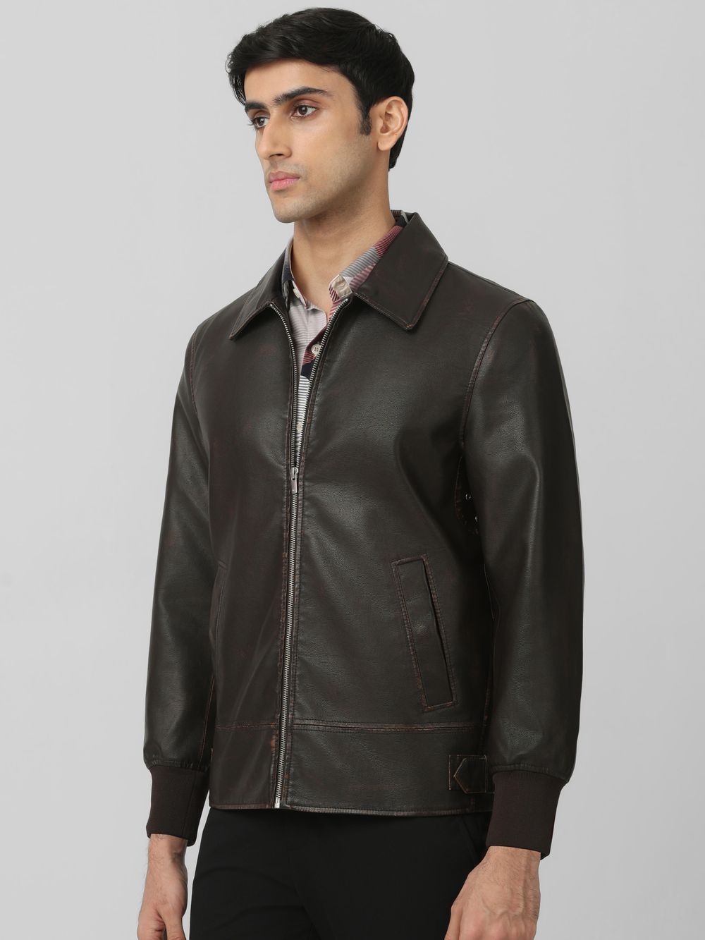 Brown Faux Leather Zip Thru Slim Fit Jacket