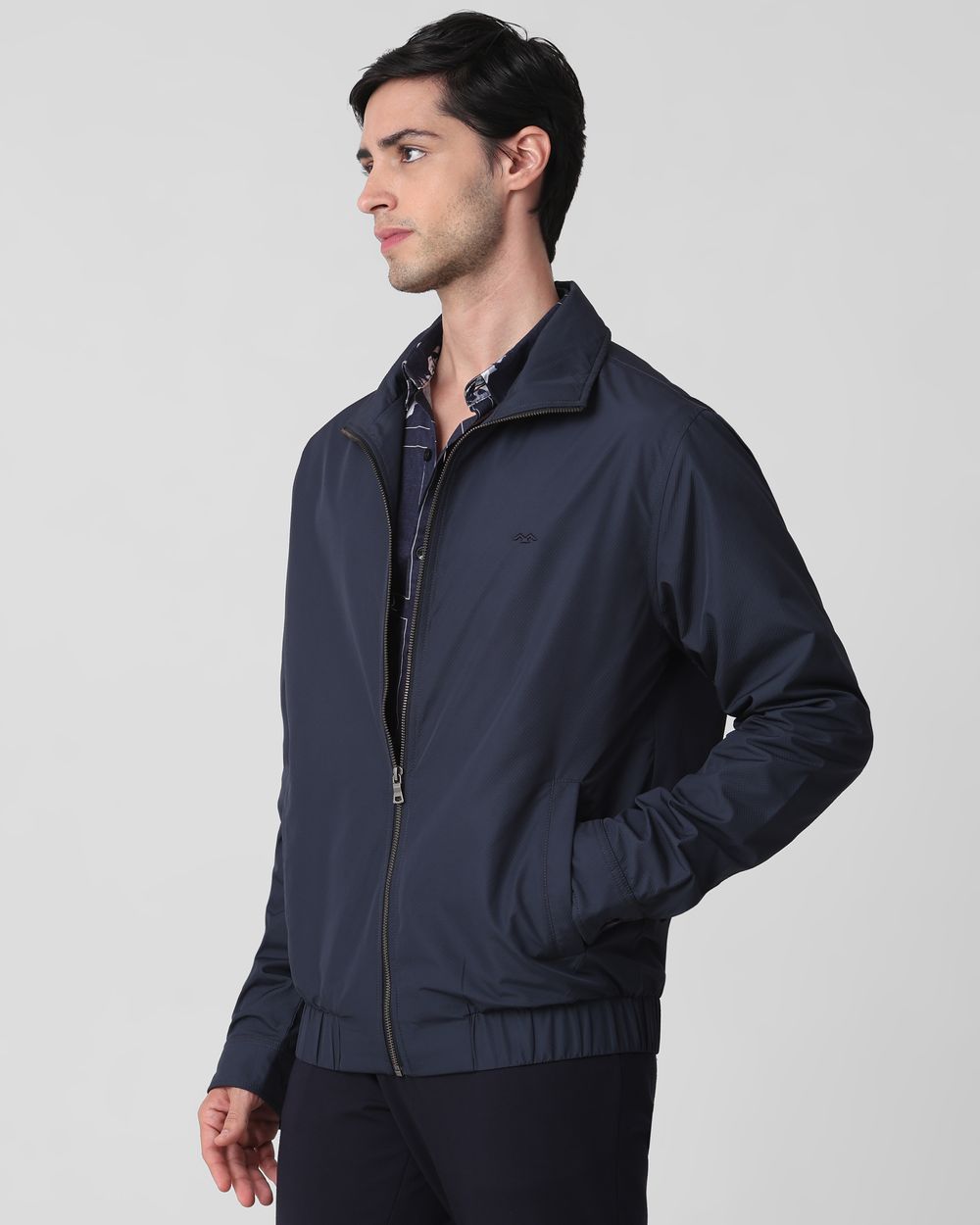 Navy Textured Zip Thru Slim Fit Jacket