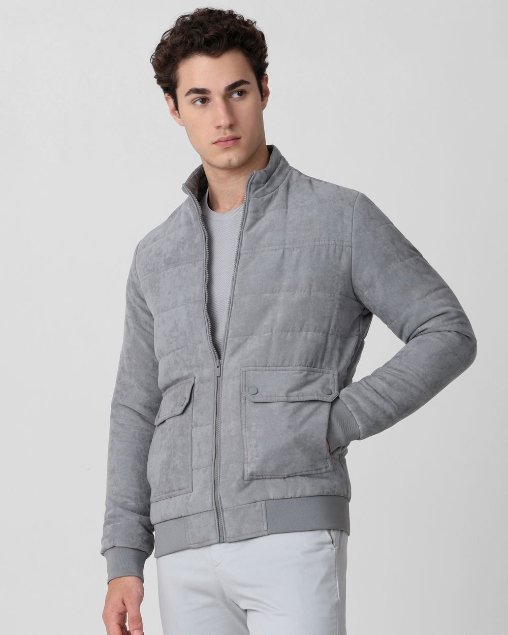 Grey Quilted Suede Slim Fit Jacket