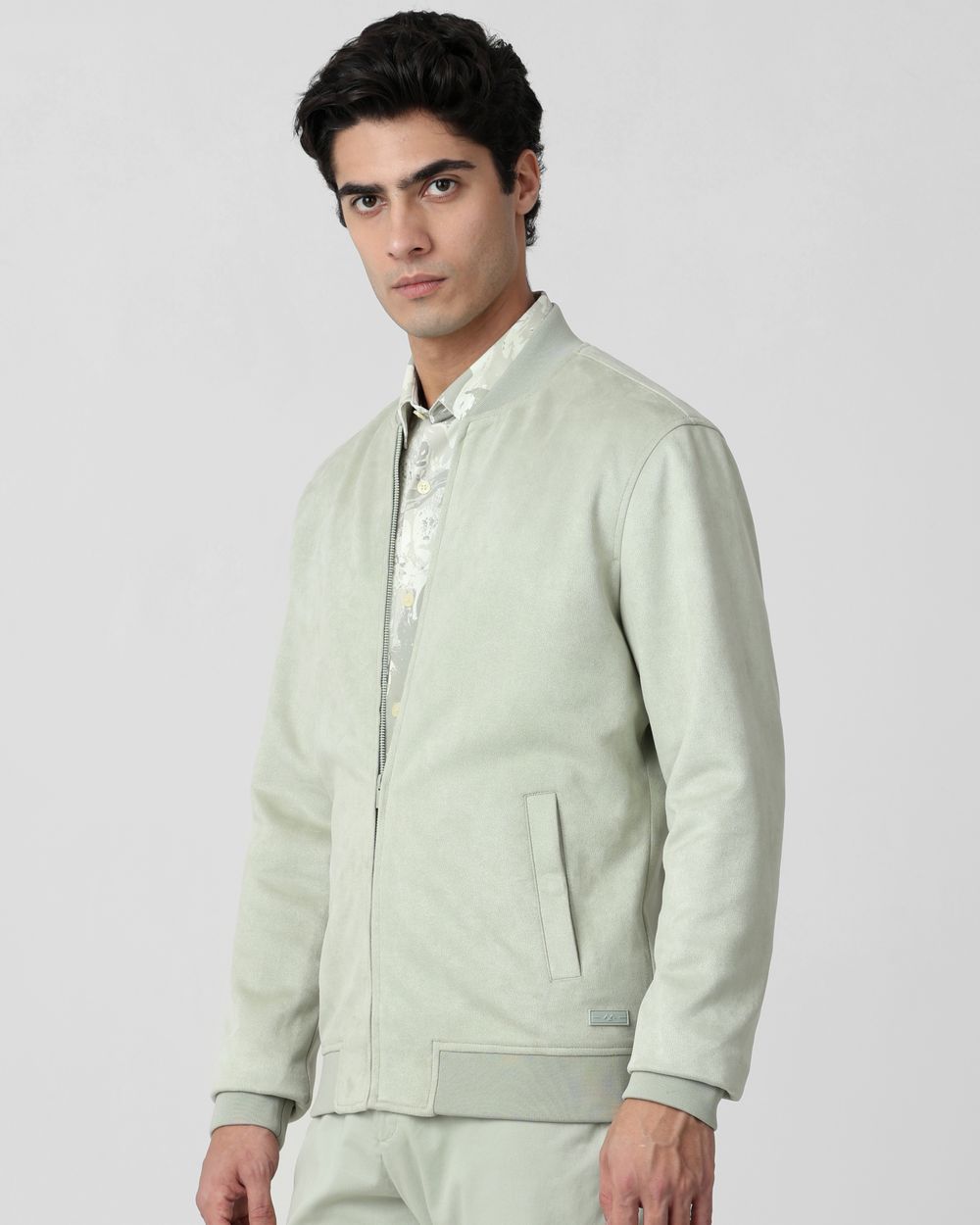Light Olive Suede Bomber Slim Fit Jacket