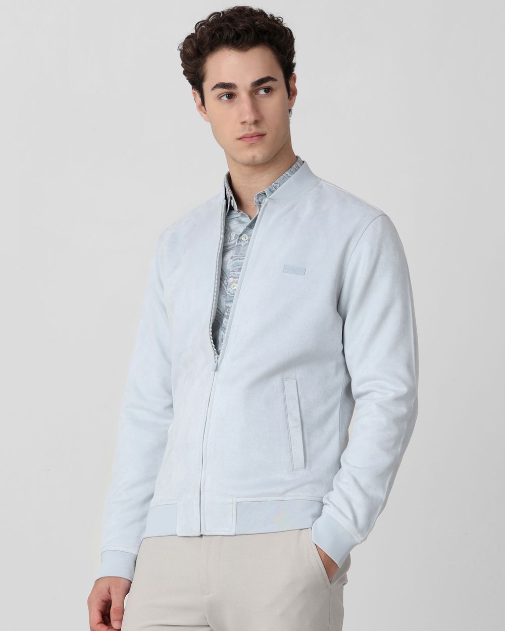 Light Grey Suede Bomber Slim Fit Jacket