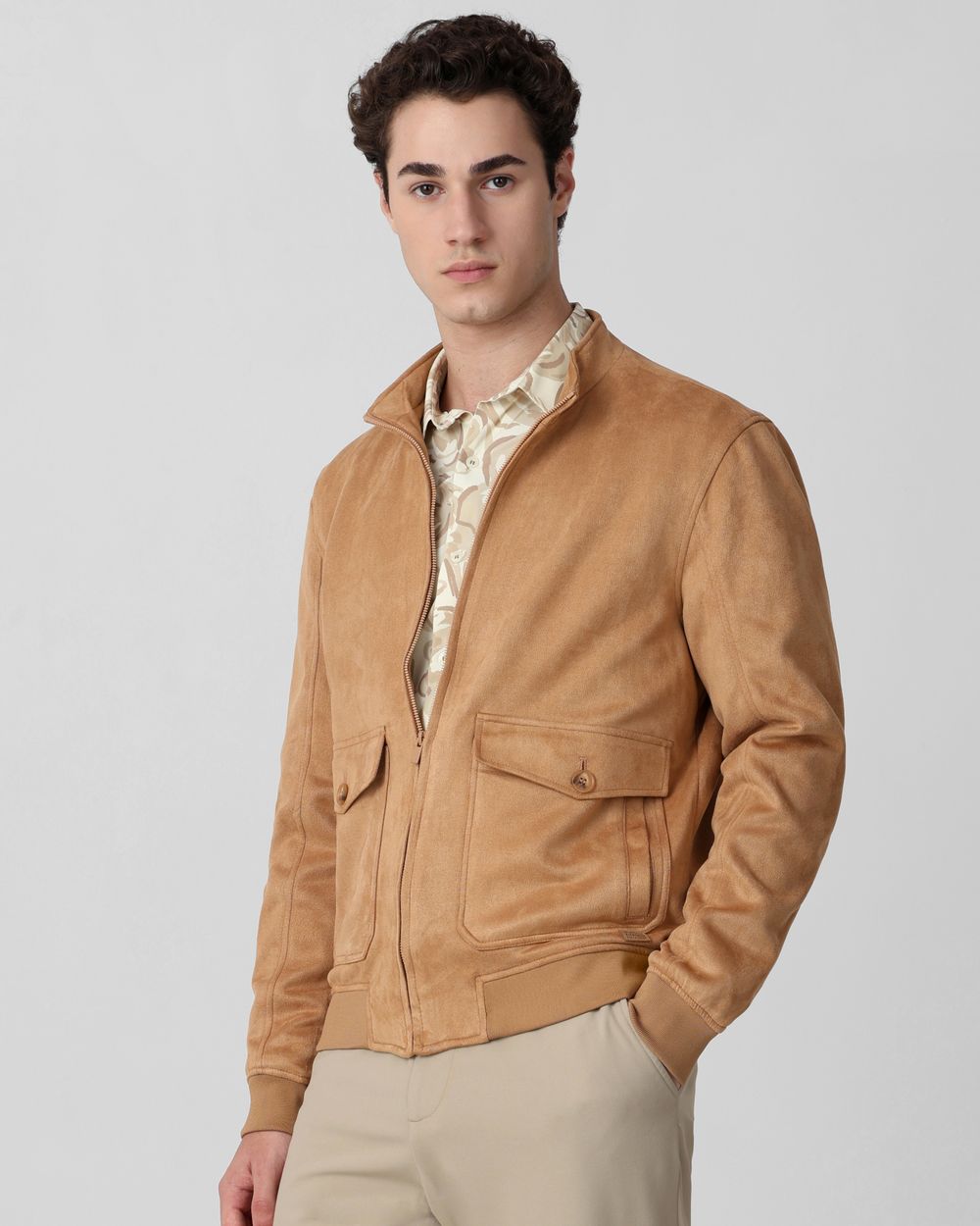 Brown Suede Bomber Slim Fit Jacket