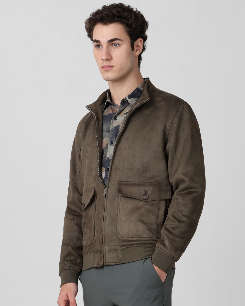 Olive Suede Bomber Slim Fit Jacket