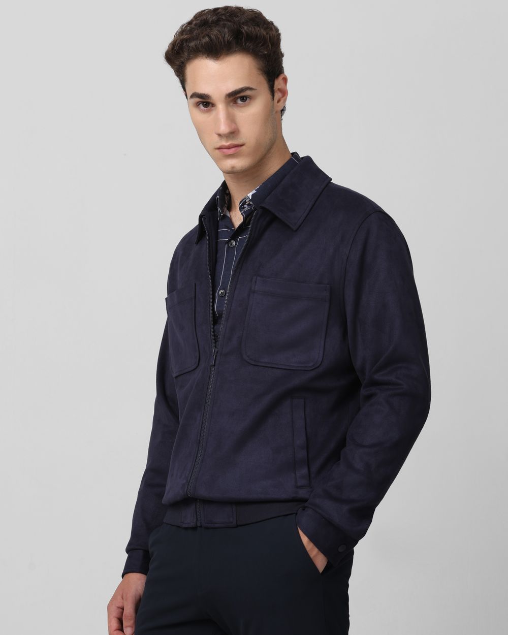 Navy Suede Jacket With Chest Pockets