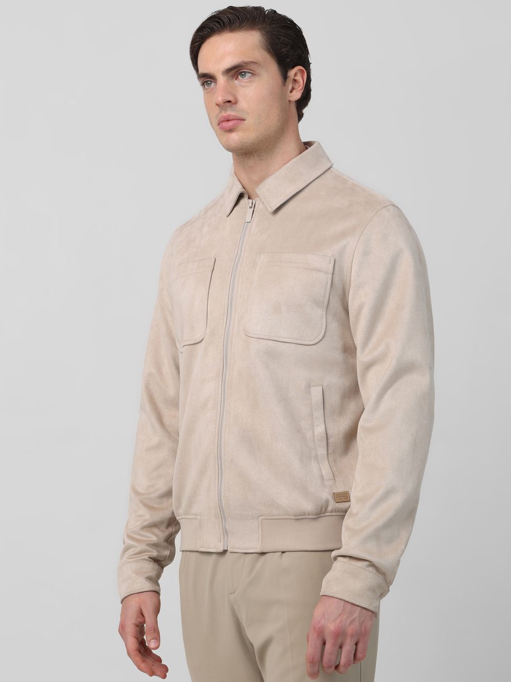 Beige Suede Jacket With Chest Pockets