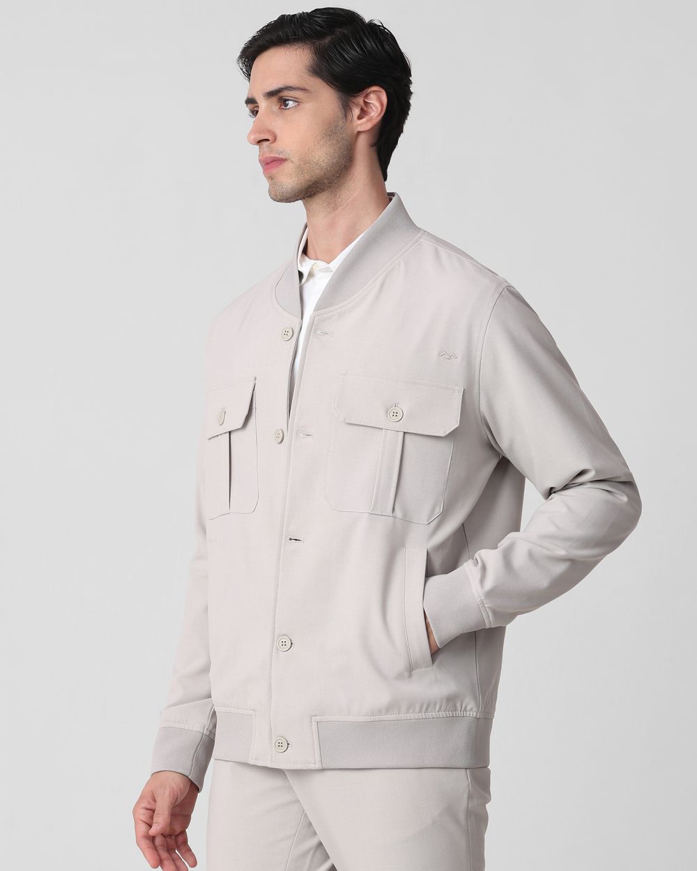 Light Grey Double Pocket Bomber Relaxed Fit Jacket