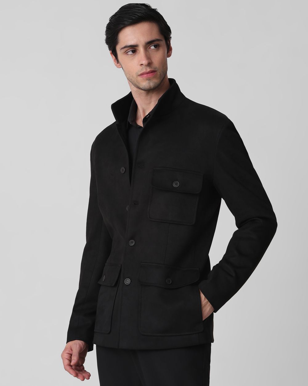 Black Button Down Suede Slim Fit Jacket