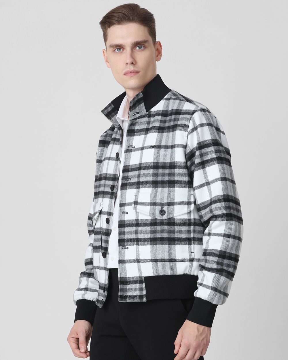 Black Flannel Check Relaxed Fit Jacket