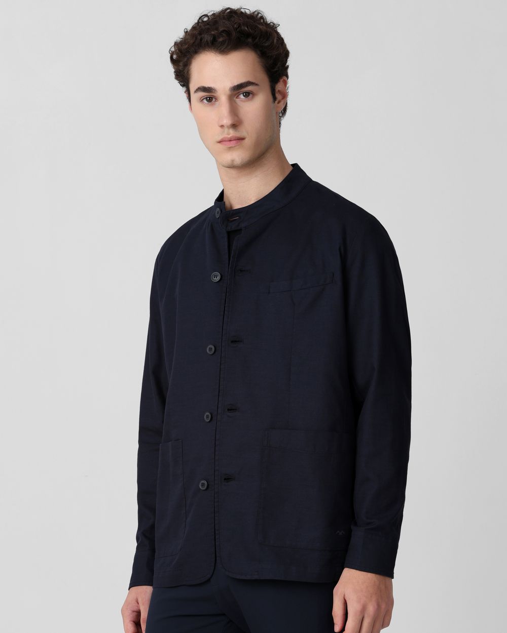 Navy Solid Extended Collar Slim Fit Jacket