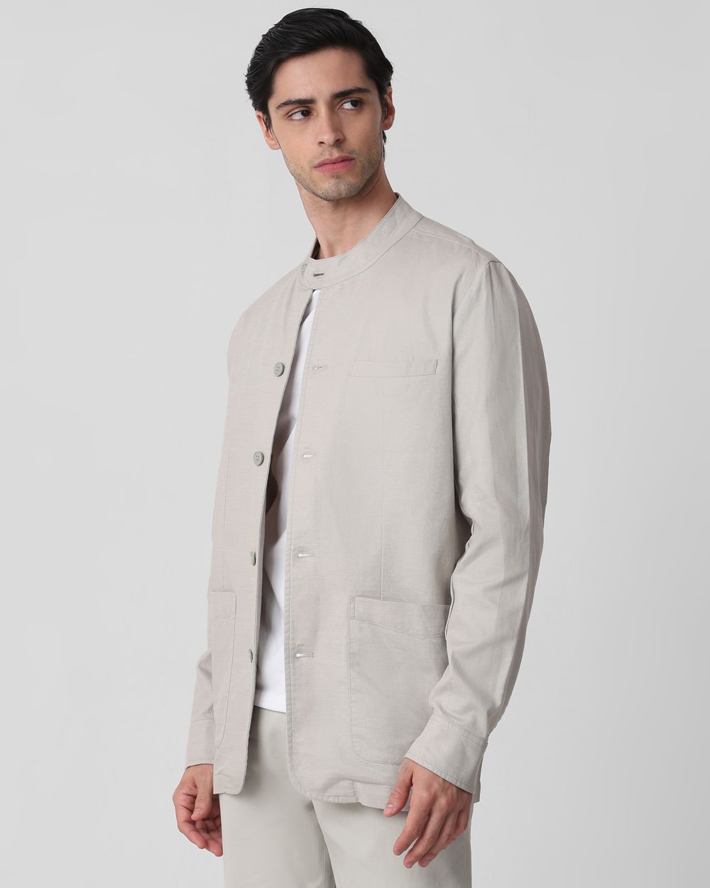 Grey Solid Extended Collar Slim Fit Jacket