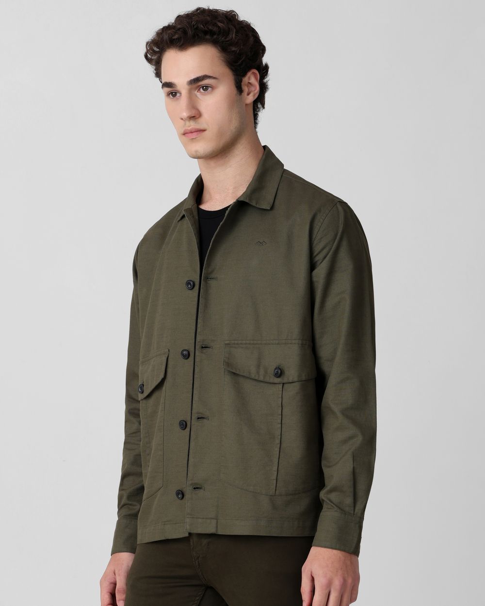 Olive Solid Button Down Relaxed fit Jacket