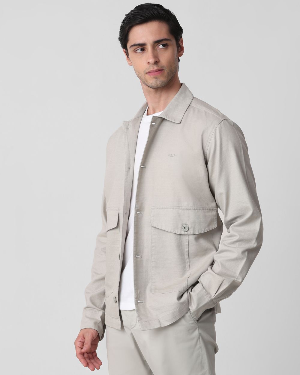 Grey Solid Button Down Relaxed Fit Jacket