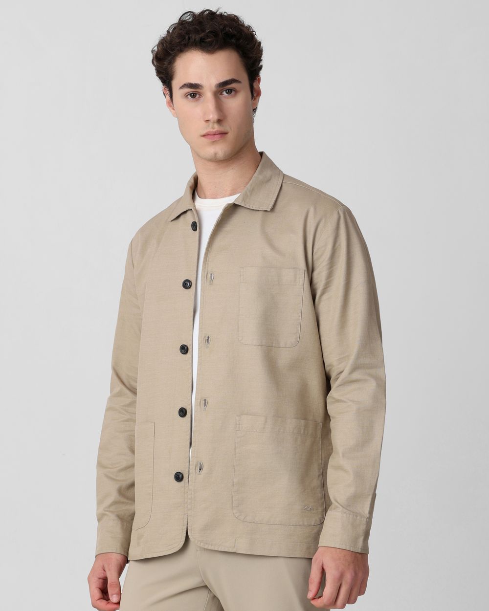 Khaki Solid Button Down Relaxed Fit Jacket