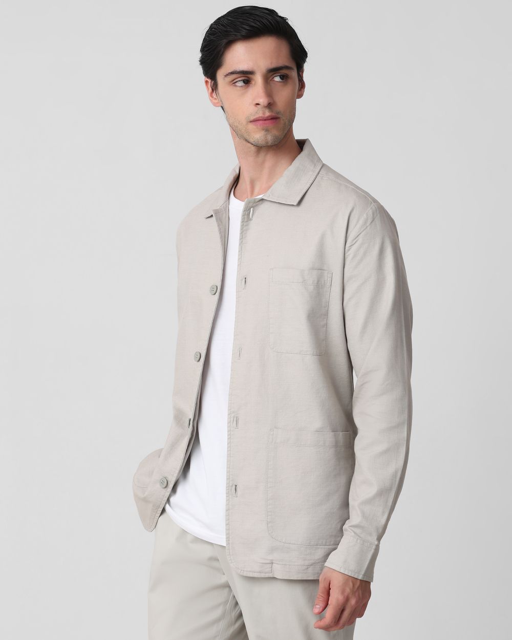 Grey Solid Button Down Relaxed Fit Jacket