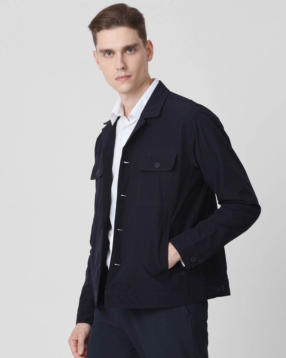 Navy Lightweight Notch Collar Nylon Trucker Jacket