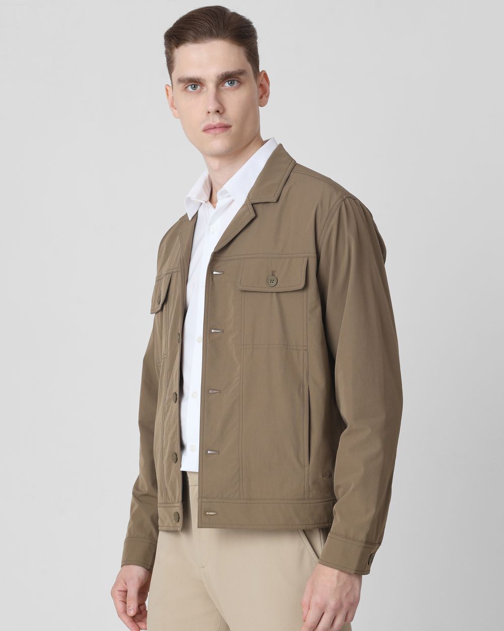 Khaki Lightweight Notch Collar Nylon Trucker Jacket