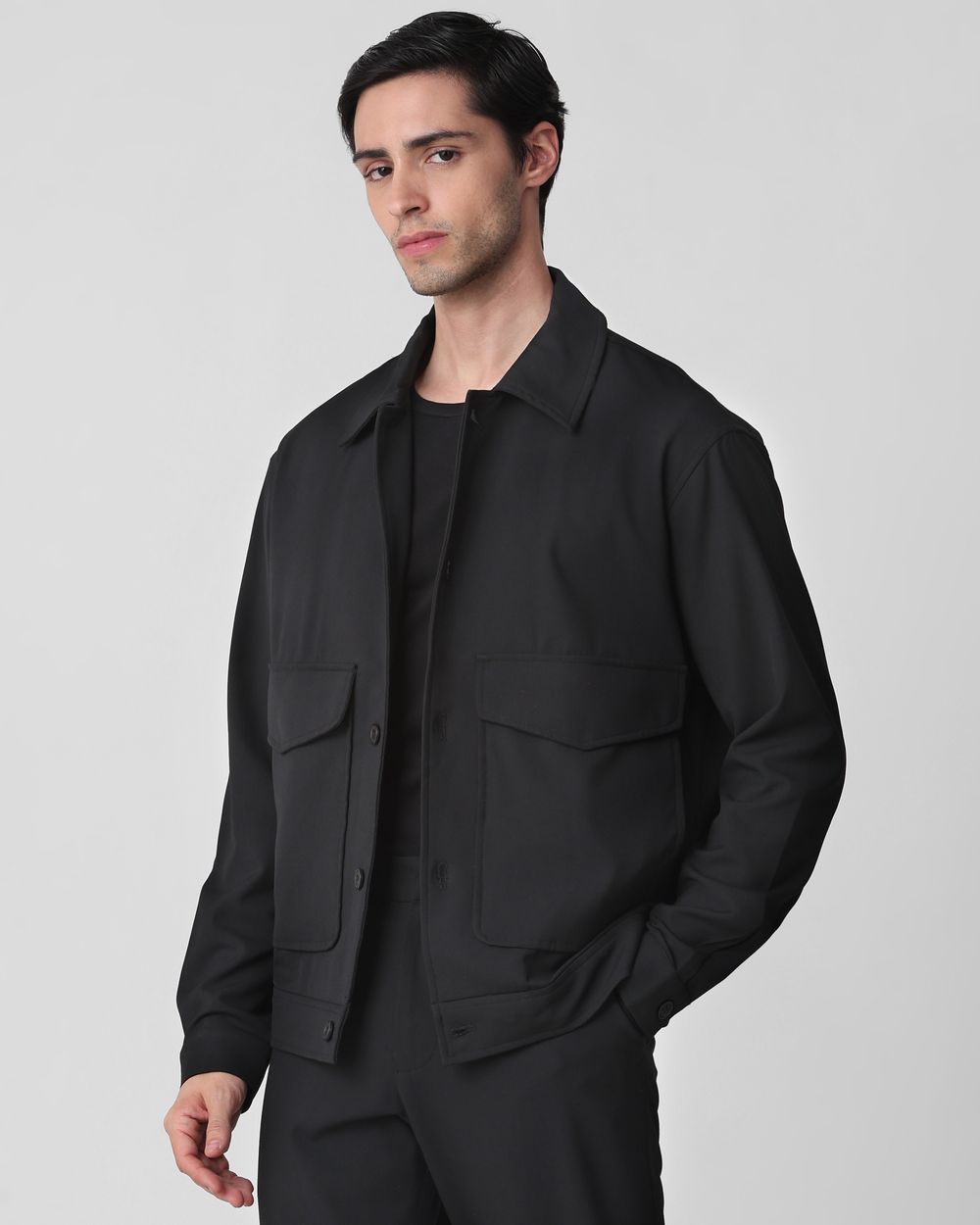 Black Solid Button Down Relaxed Fit Jacket