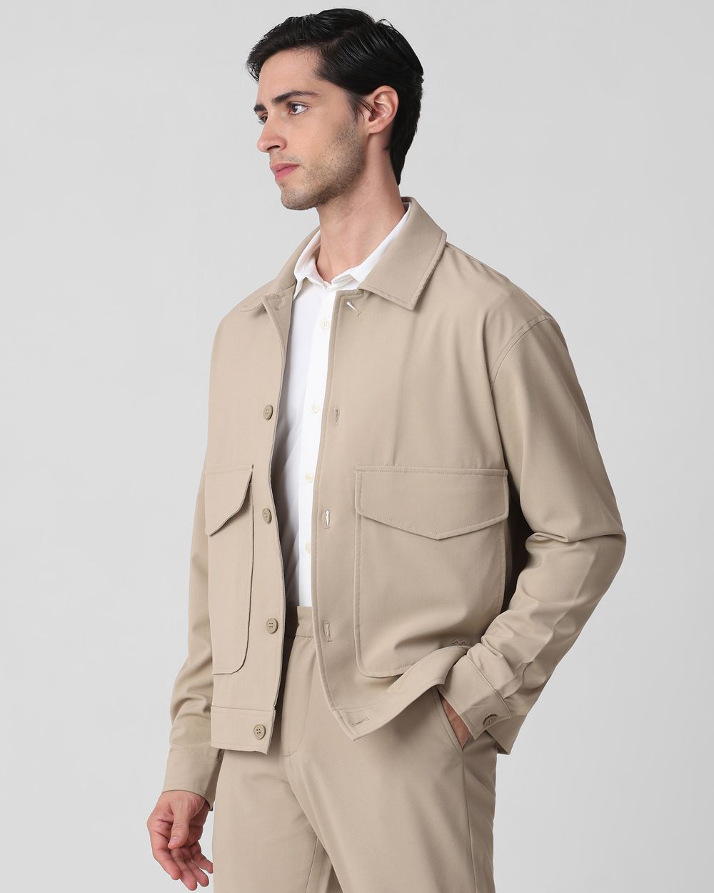 Beige Solid Button Down Relaxed Fit Jacket