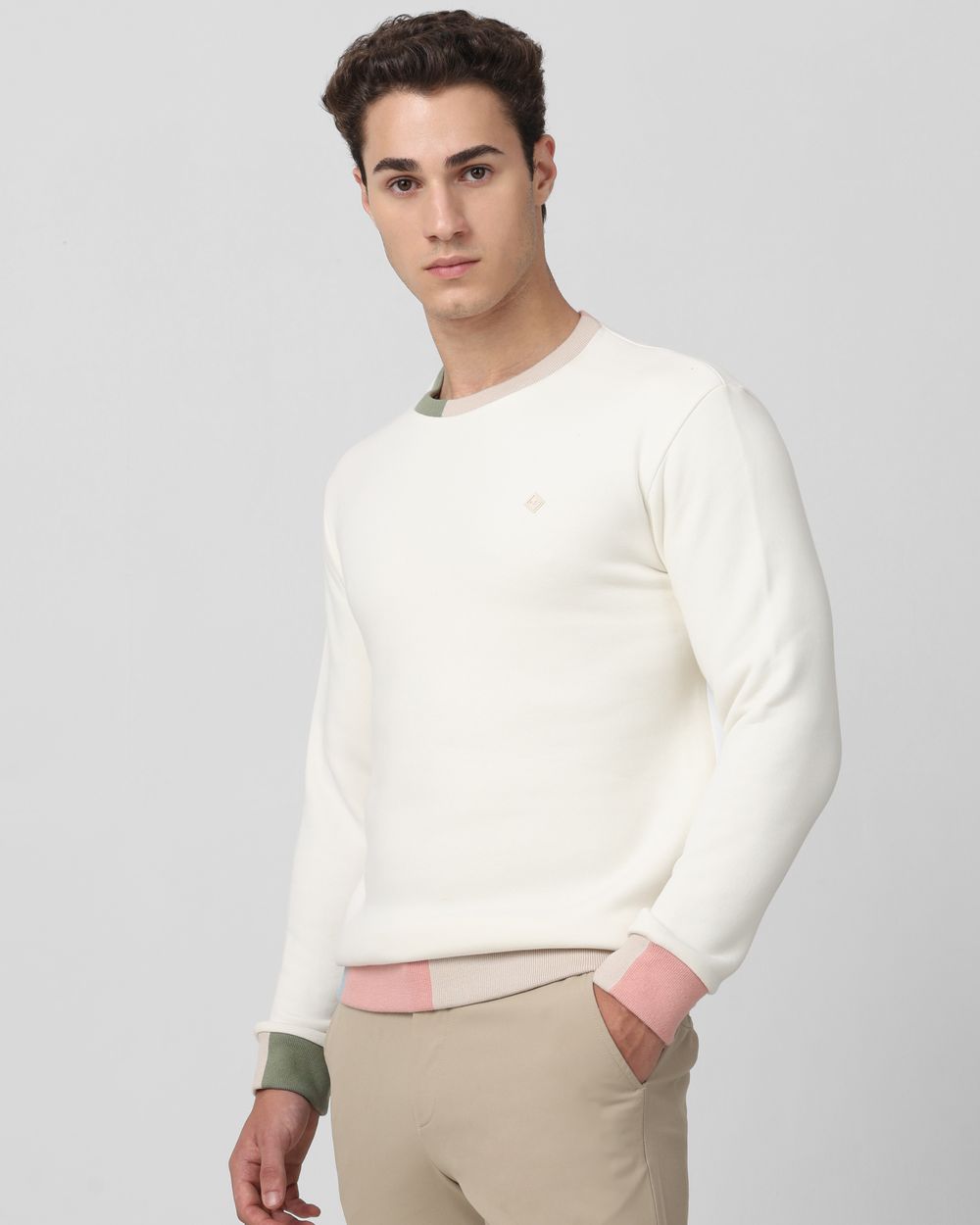 Off White Rib Detail Slim Fit Sweatshirt