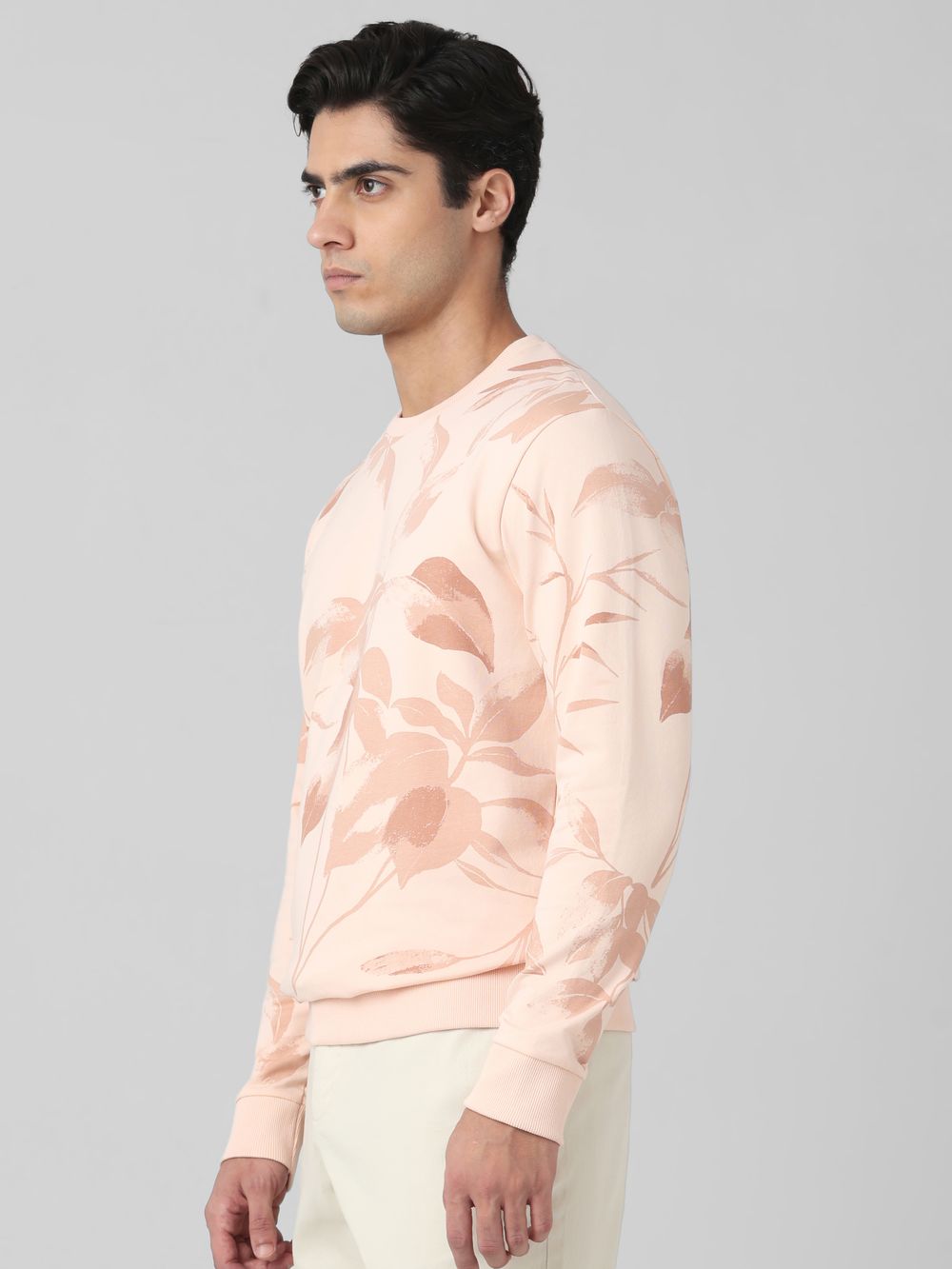 Pastel Pink Leaf Print Slim Fit Sweatshirt