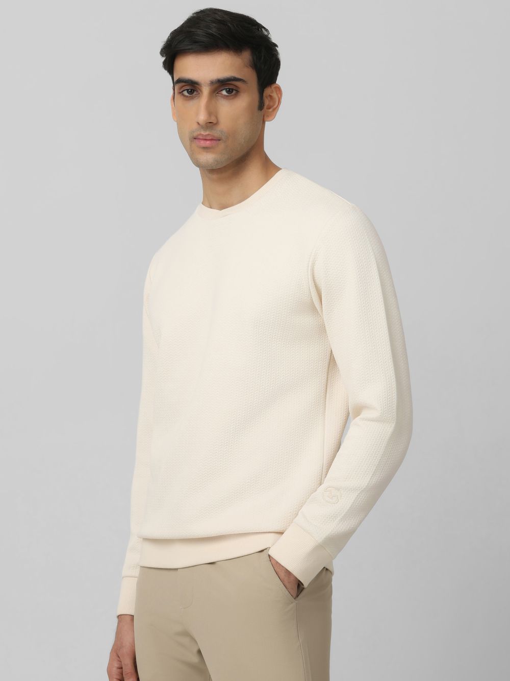 Off White Herringbone Plain Slim Fit Sweatshirt