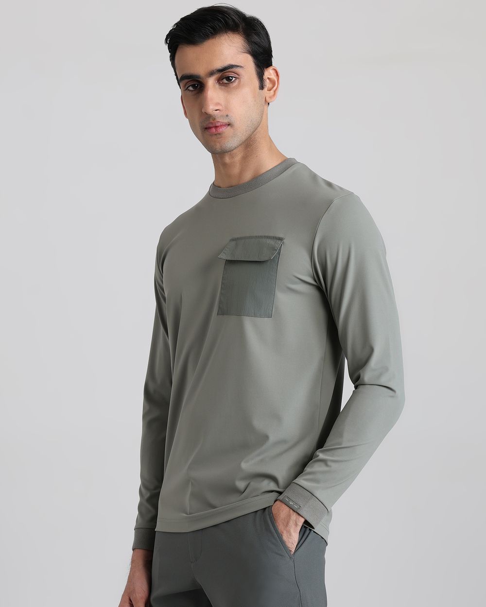 Light Green Patch Pocket Plain Slim Fit T-Shirt