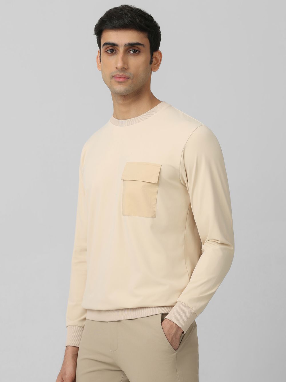 Beige Patch Pocket Plain Slim Fit T-Shirt