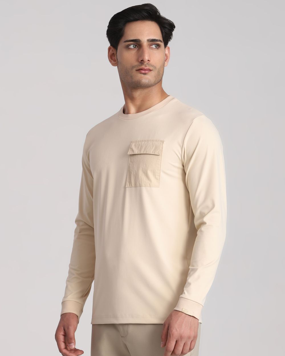 Beige Patch Pocket Plain Slim Fit T-Shirt