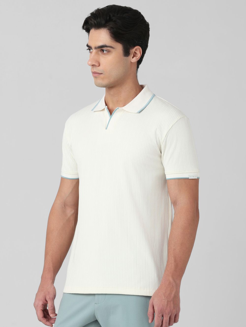 White Self-Stripe Plain Slim Fit T-Shirt