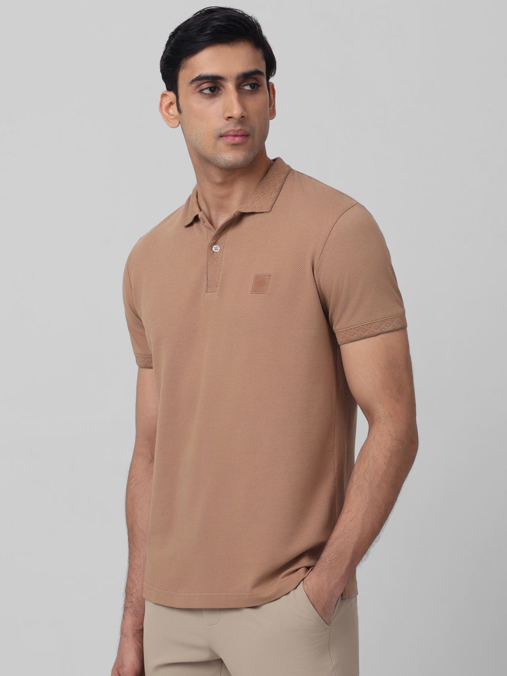 Brown Textured Plain Slim Fit Polo