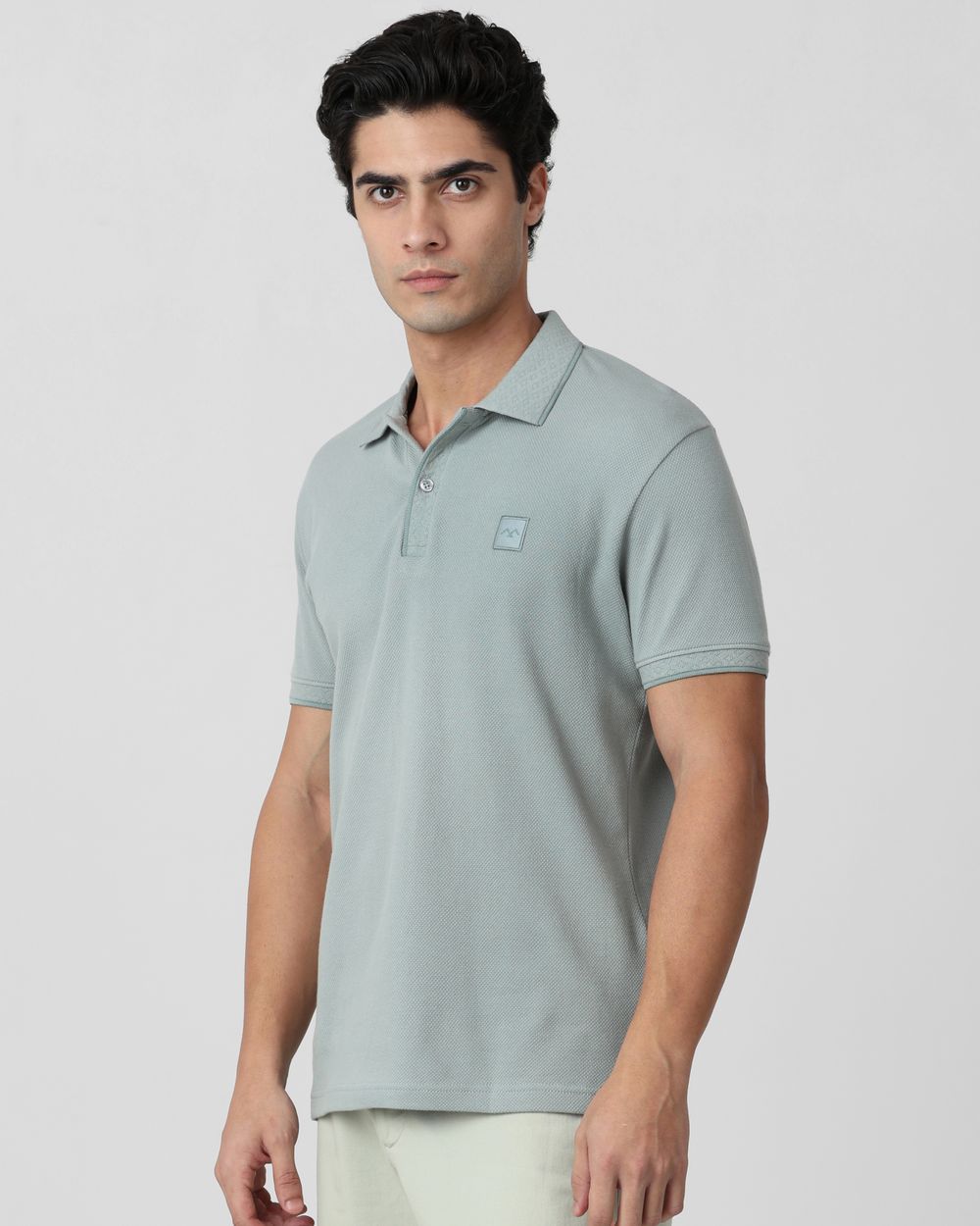 Light Green Textured Plain Slim Fit Polo