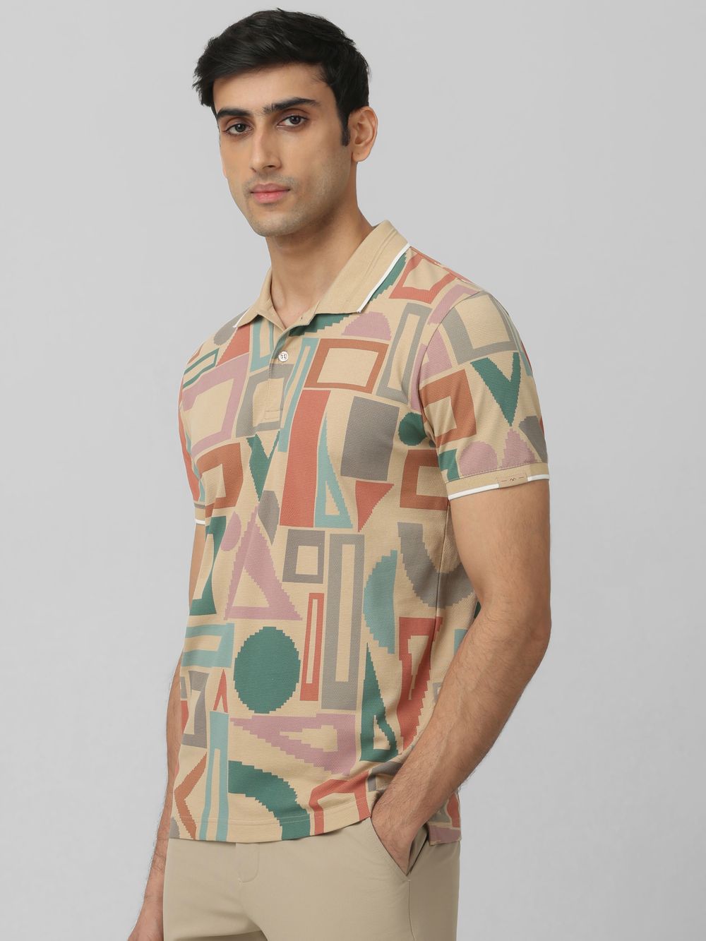 Beige Geometric Print Slim Fit Polo