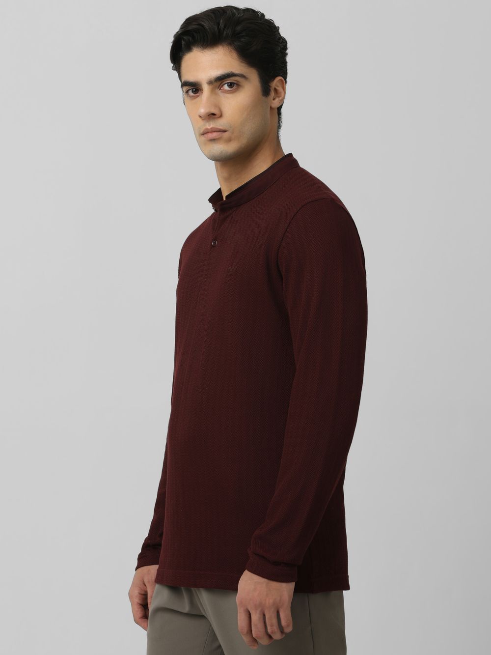 Maroon Textured Plain Full Sleeve Casual T-Shirt