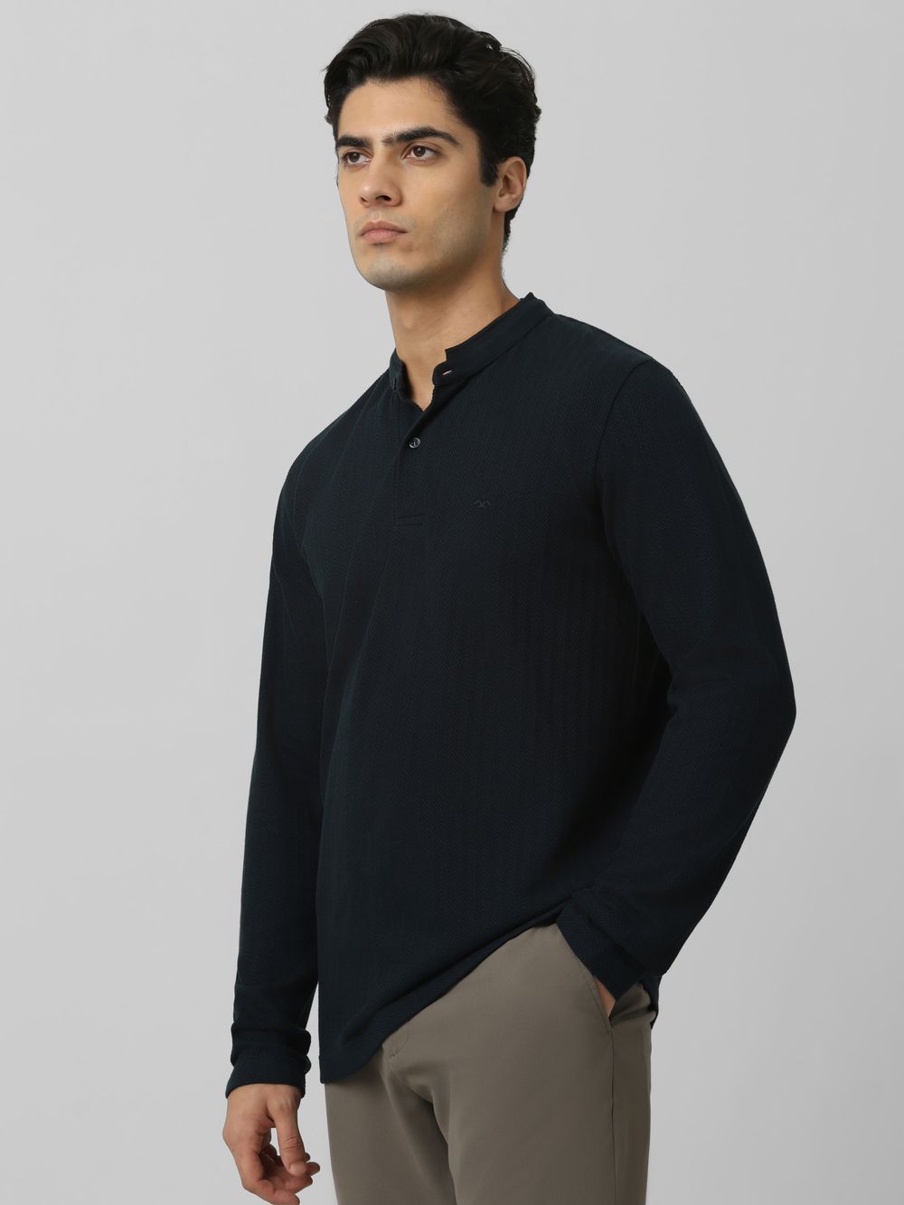 Teal Textured Plain Full Sleeve Casual T-Shirt