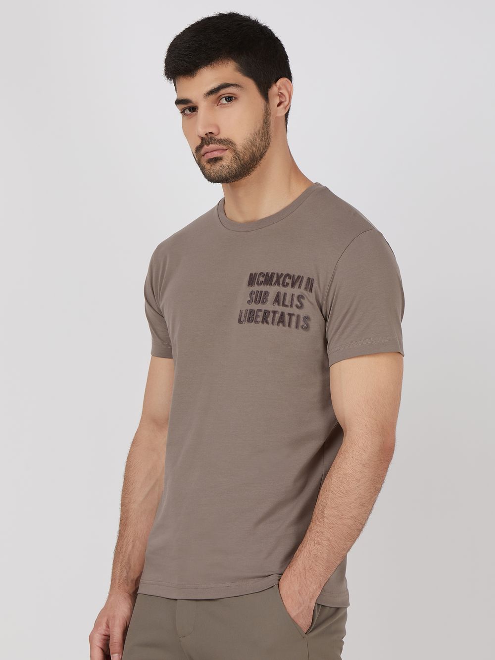Grey Flock Embroidery Slim Fit Jersey T-Shirt
