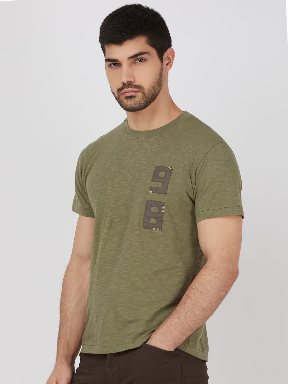 Olive Applique Plain Slim Fit Slub Jersey T-Shirt