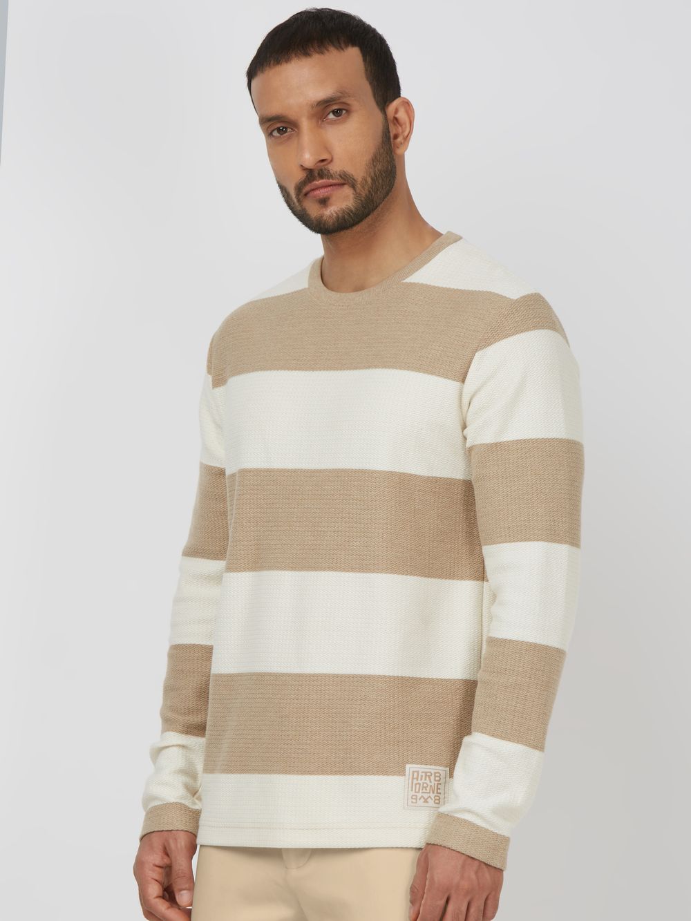 Beige Textured Stripe Slim Fit Textured Jersey T-Shirt