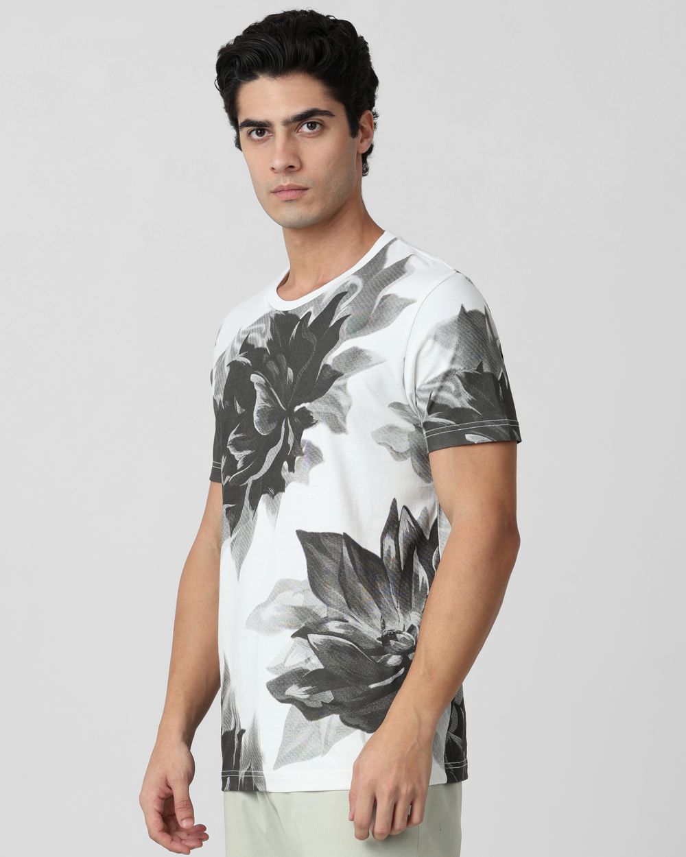 Grey Floral Print Slim Fit T-Shirt