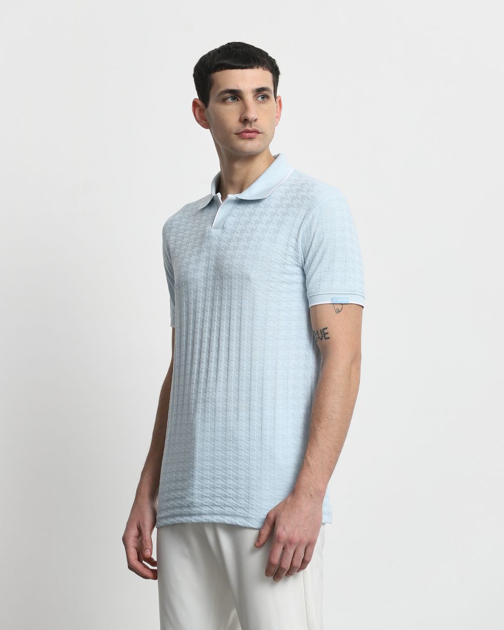 Light Blue Textured Plain Slim Fit T-Shirt