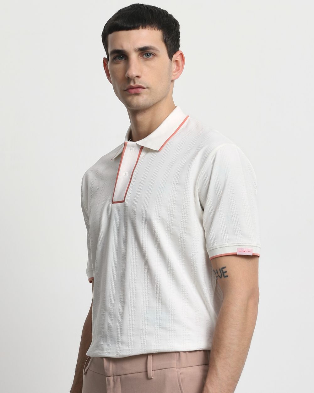 White Textured Plain Regular Fit T-Shirt