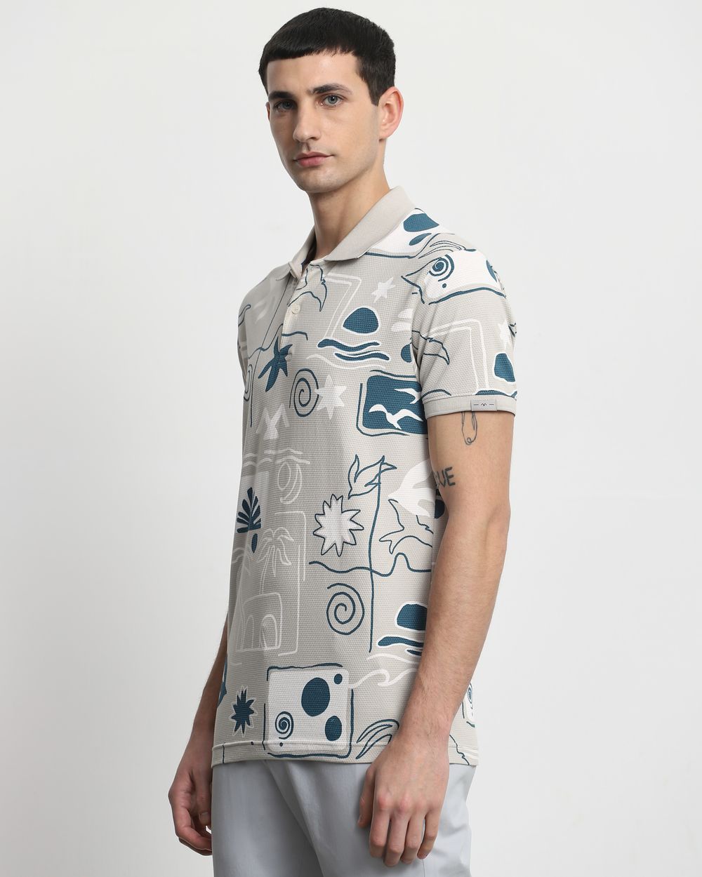 Light Grey Abstract Print Slim Fit T-Shirt